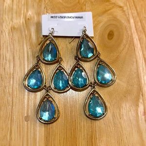 Gold color earrings with teal colored jewels